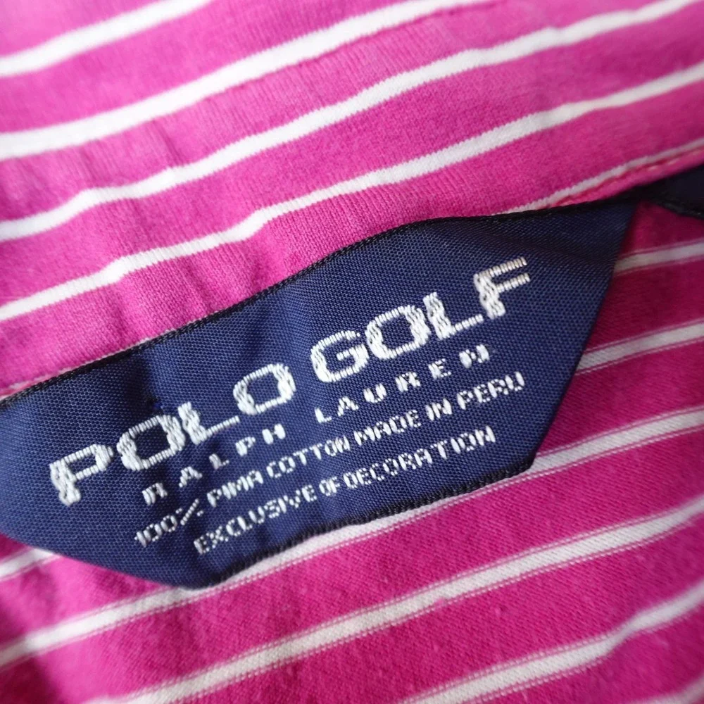 VTG Ralph Lauren Polo Shirt Mens L Pink White Stripe Pima Cotton Pony Logo Top